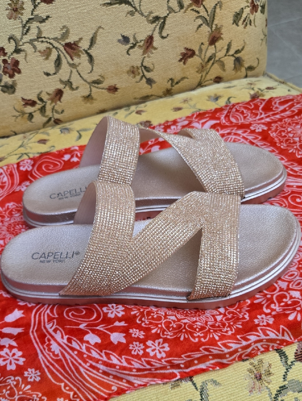 Capelli of New York Shimmery Rose Gold Crossover Slide Sandals